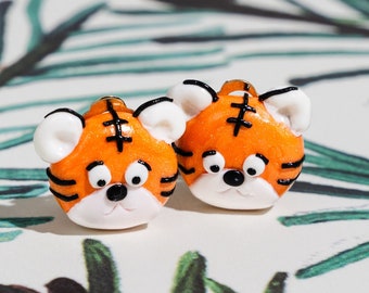Orange Tiger Earrings: Polymer Clay Clip-on or Studs