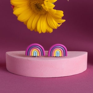 Girly rainbow clip on earrings for kids Y3-8 | cute arch shaped non pierced flat back earrings for children | little girls first ear clips