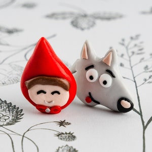 Fairy tale red riding hood and wolf earrings | little girls clip on earrings | bad wolf mismatched stud earrings | clips for unpierced ear