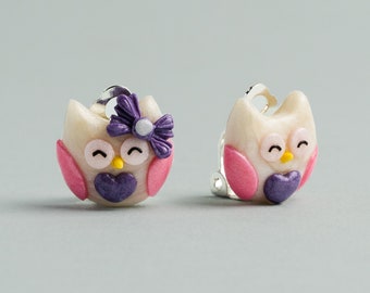 Lovely owl clip on earrings for kids Y3-8 | pink, white owls clips with purple hearts | toddlers first earrings | bird gift for little ladys