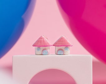 Little pink dream house clip-on's for kids | girly cottage clips for non pierced ears | tiny architecture flat back toddler first earrings