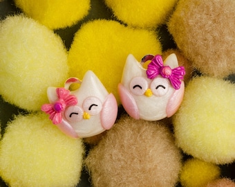 Girly owl clip on earrings | pink white owls stud earrings | toddler earrings | owl jewelry | bird earrings| cute and original gift for her