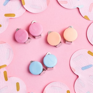 Simple round, colorful small clip on, stud earrings | girly pastel color clips for unpierced ear | toddler girls, women's flat back earrings