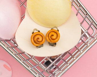 Cinnamon bun clip on, stud earrings | cinnamon roll clips for unpierced ear | sweet lovers gift | toddler girls, women's flat back earring