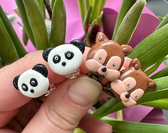 Panda and squirrel 2 pair clip on earring set | animal ear clips for kid 3-8Y | toddler first non pierced flat back earrings | gift for girl