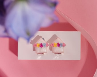 Colorful dream house clip-on's for kids Y3-8 | girly cottage clips for non pierced ears | tiny architecture flat back toddler first earrings