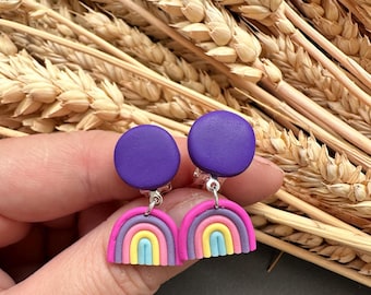 Dangling girly rainbow ear clips | arch shaped earring for non pierced ear | cute gift for her | flat back cute first toddler clip on&#39;s