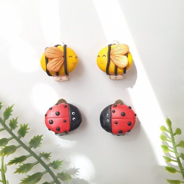 Ensemble de boucles d'oreilles clip coccinelle bourdon kawaii | Clips d'oreilles abeille pour fille 3-8 ans | boucles d'oreilles plates non percées | joli cadeau pour fille