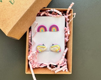 Unicorn rainbow 2 pair clip on earring set | ear clips for girls 3-8Y | non pierced first toddler flat back earrings | gift for little girl