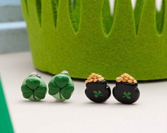 Lucky shamrock, gold pot clip-on earrings | St. Patrick's day clips for unpierced ear | Irish seamroy gift | flat back little girls earrings