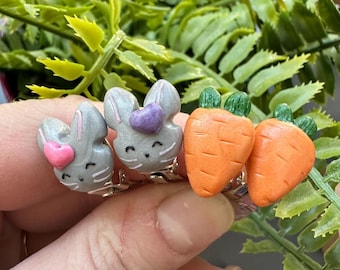 Bunny and carrot 2 pair clip on earring set | ear clips for girls 3-8Y | non pierced first toddler flat back earrings | gift for little girl