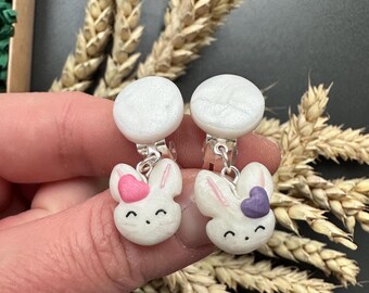 Marble white dangling bunny ear clips | animal earrings for girls Y3-8 unpierced ear | gift for her | comfy flat back first toddler clip ons