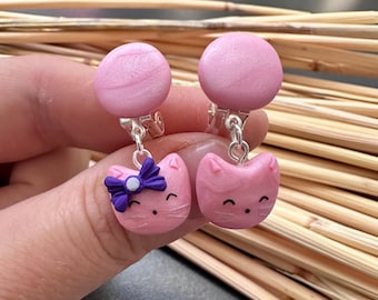 Dangling pink cat ear clips | animal earrings for non pierced ear | cute gift for her | flat back cute kitten first  toddler clip on earring