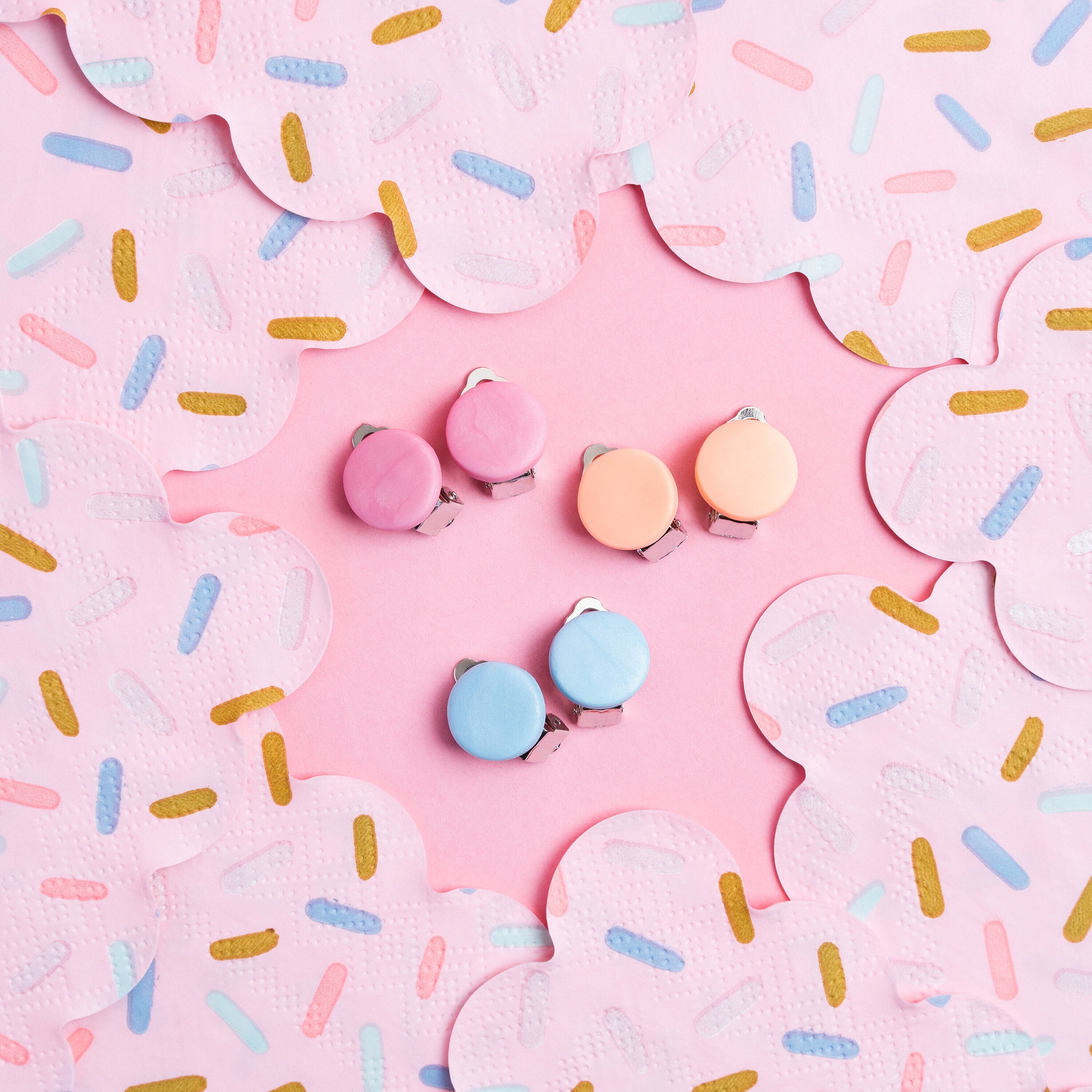 Simple round, colorful small clip on, stud earrings | girly pastel color clips for unpierced ear | toddler girls, women's flat back earrings