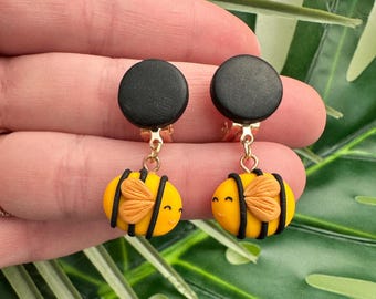 Yellow dumblebee dangling ear clips | insect earrings for non pierced ear | cute gift for her | flat back cute first toddler clip on earring