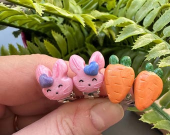 Bunny & Carrot Clip On Earrings Set: Polymer Clay Earrings for Girls