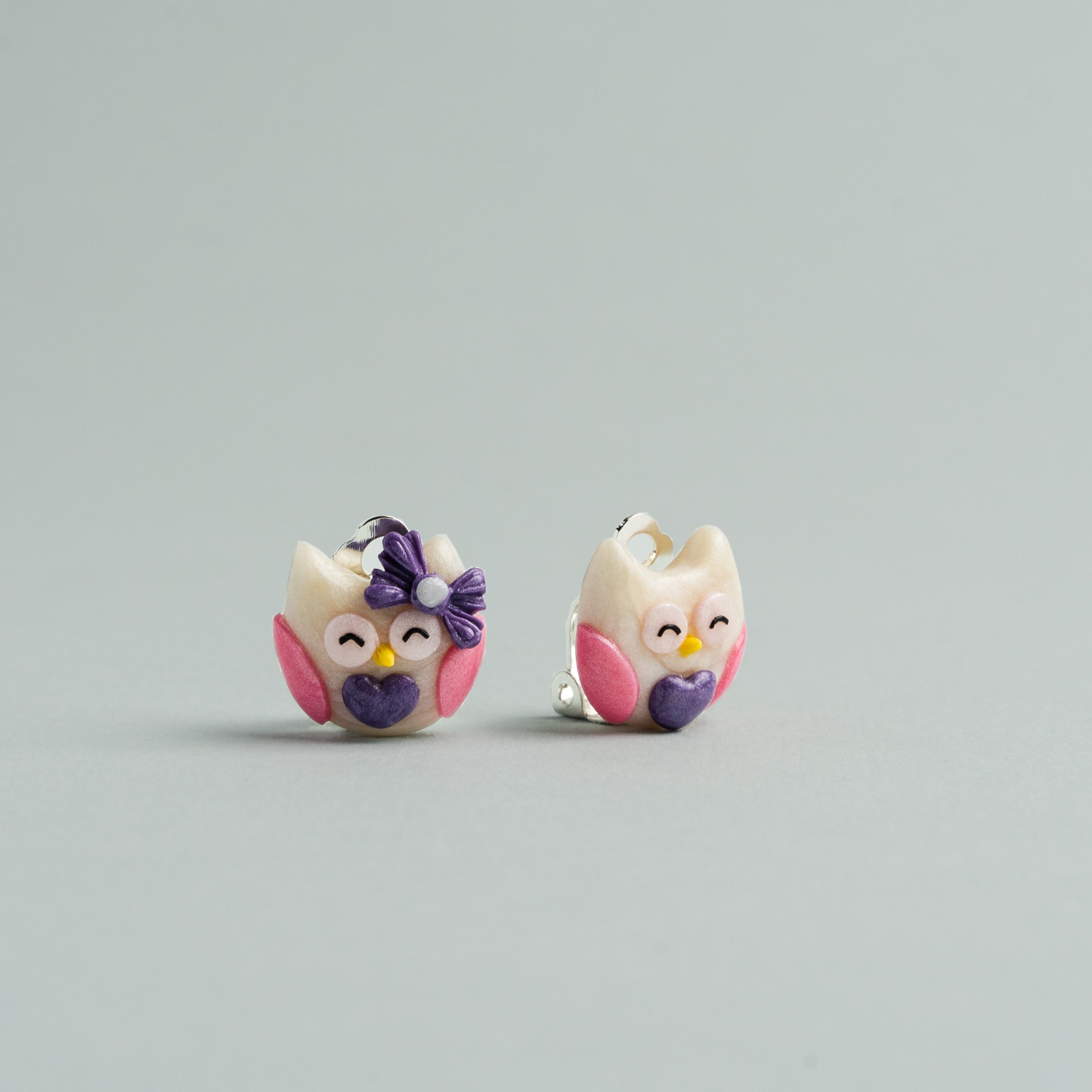Lovely owl clip on earrings for kids Y3-8 | pink, white owls clips with purple hearts | toddlers fir