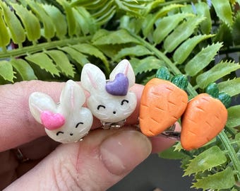 Bunny and carrot 2 pair clip on earring set | ear clips for girls 3-8Y | non pierced first toddler flat back earrings | gift for little girl