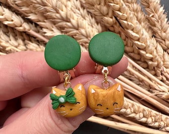 Ginger dangling cat ear clips | pet earrings for non pierced ear | cute gift for her | flat back cute kitten first  toddler clip on earrings