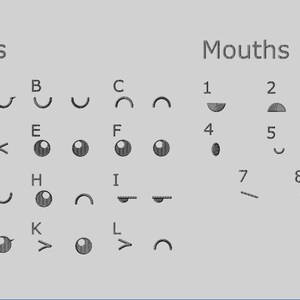 May include: A gray graphic with the words "Eyes" and "Mouths" above various eye and mouth shapes. The eyes are labeled A through L, and the mouths are labeled 1 through 8. The shapes are in black.
