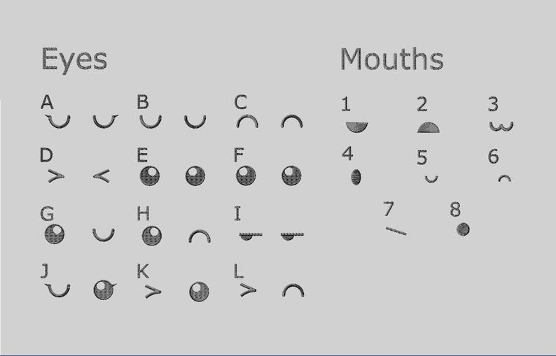 May include: A gray graphic with the words "Eyes" and "Mouths" above various eye and mouth shapes. The eyes are labeled A through L, and the mouths are labeled 1 through 8. The shapes are in black.