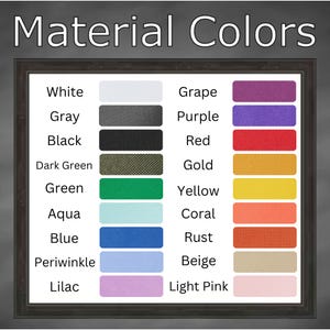 May include: A framed chart displaying a variety of material colors. The text "Material Colors" is at the top. The chart includes color swatches with labels such as white, gray, black, dark green, green, aqua, blue, periwinkle, lilac, grape, purple, red, gold, yellow, coral, rust, beige, and light pink.