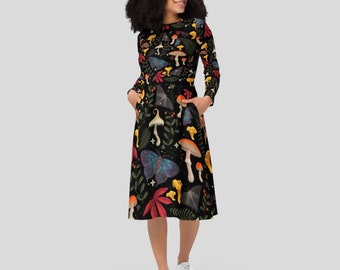 All-over magical things print long sleeve midi dress with pockets | Size Inclusive 2XS - 6XL | petite to plus size