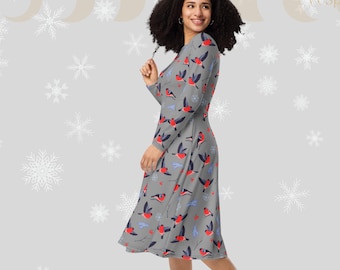 Christmas festive dress | All-over bullfinch print dress | Winter holiday clothing | Size inclusive 2XS - 6XL