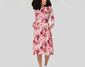 Peony all-over print long sleeve midi dress | Peonies clothing | Blooming Garden Plants | Gift for gardener | petite to plus size 2XS - 6XL