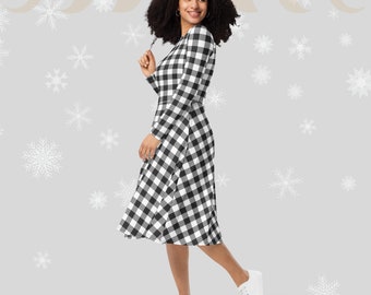 Winter holiday dress | All-over plaid print long sleeve midi dress | Christmas festive clothing | Size inclusive 2XS - 6XL