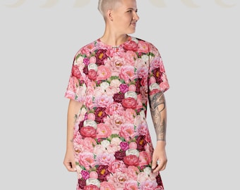 Peony Tee | Peonies T-shirt dress  | Blooming Summer Flowers | Garden Plants | Gift for gardener | petite to plus size 2XS - 6XL