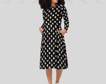 Ghost print long sleeve midi dress with pockets | Halloween aesthetic | Cute sheet ghosts | Size inclusive 2XS - 6XL