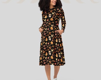 Autumn flowers and pumpkins dress | Fall vibe clothin | All-over print long sleeve midi dress | Great gift for witchy lady