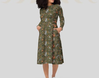 Autumn print long sleeve midi dress with pockets | Forest witch aesthetic | Dark cottagecore | Size inclusive 2XS - 6XL