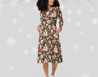 Christmas dress | Whimsical Santa, snowmen and snowglobe all-over print long sleeve midi dress