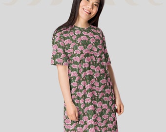 Carnations T-shirt dress | Pink flowers print tee | Great gift for garden and nature lover