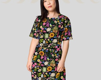 Gardening T-shirt dress | Cottage garden inspired | Great gift for gardener | Size inclusive - petite to plus size 2XS - 6XL