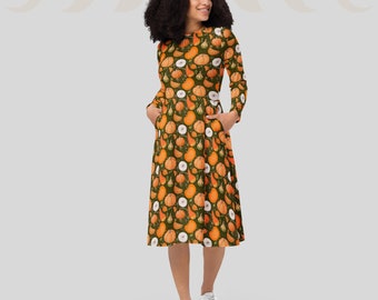 Pumpkin dress | Autumn vibe clothing | All-over orange fall print long sleeve midi dress