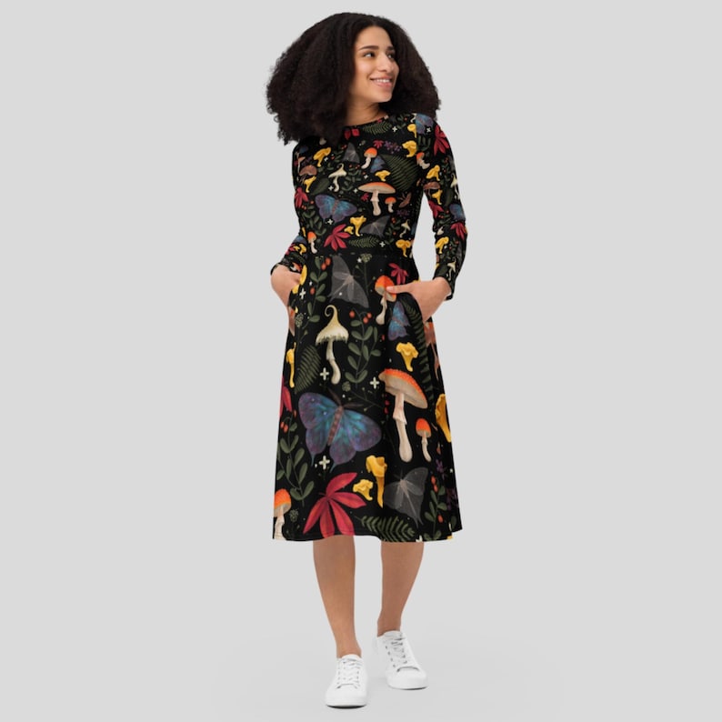 All-over magical things print long sleeve midi dress with pockets Size Inclusive 2XS 6XL petite to plus size image 1