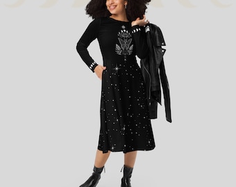 Witchy long sleeve midi dress with stary bottom part, moth and carnation and moons | Size inclusive 2XS - 6XL