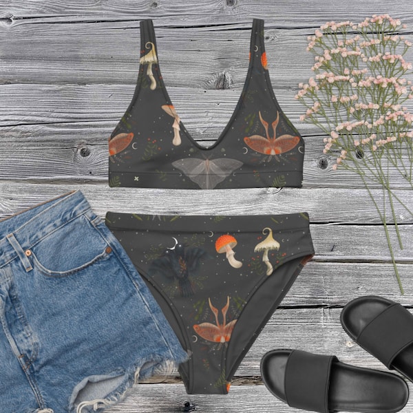 Moth and mushrooms High-Waisted Bikini | Cottagecore Swimsuit | Forestcore Goblincore Bathing Suit | Dark Academia Aesthetic Swimwear