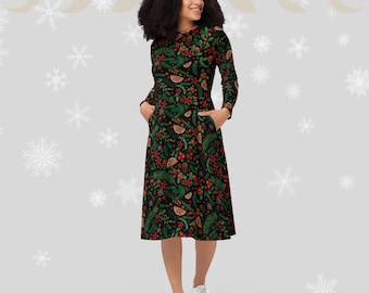 Holiday midi dress | All-over winter plant print dress | Autumn - winter long sleeve dress