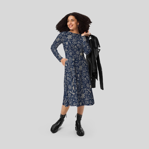 All-over witchy things print long sleeve midi dress with pockets | Size Inclusive 2XS - 6XL | petite to plus size