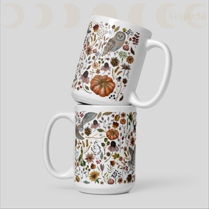 Autumn mug | Great cup for fall time with owls, pumpkins, leaves and flowers