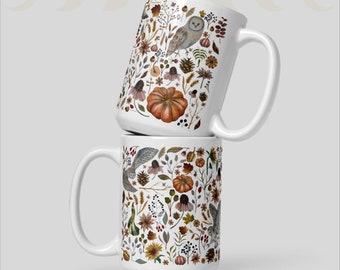 Autumn mug | Great cup for fall time with owls, pumpkins, leaves and flowers