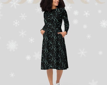 Winter holiday dress | All-over pine tree branch print dress | Christmas long sleeve midi dress | Size inclusive 2XS - 6XL