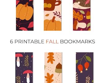 Printable Bookmarks Fall, Pumpkin Bookmarks, Mushroom Bookmark, Leaves Bookmark, Acorn Bookmark, 6 Printable Fall Bookmarks