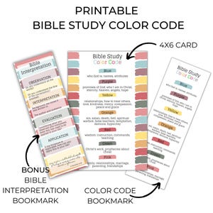 May include: Printable Bible study color code cards and bookmarks. The image shows a 4x6 card and a bookmark with a color-coded guide for Bible interpretation. The color code includes blue, purple, yellow, orange, red, green, and pink, with corresponding topics.