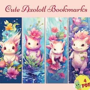 Printable cute Axolotl bookmarks PDF, axolotl cartoon, bookmarks for kids and adults, Digital bookmark, cute axy, pink axolotl