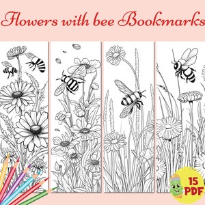 Printable flowers with bee bookmarks  for kids and adults, digital download bookmarks, wild flowers coloring pages, bees coloring sheets